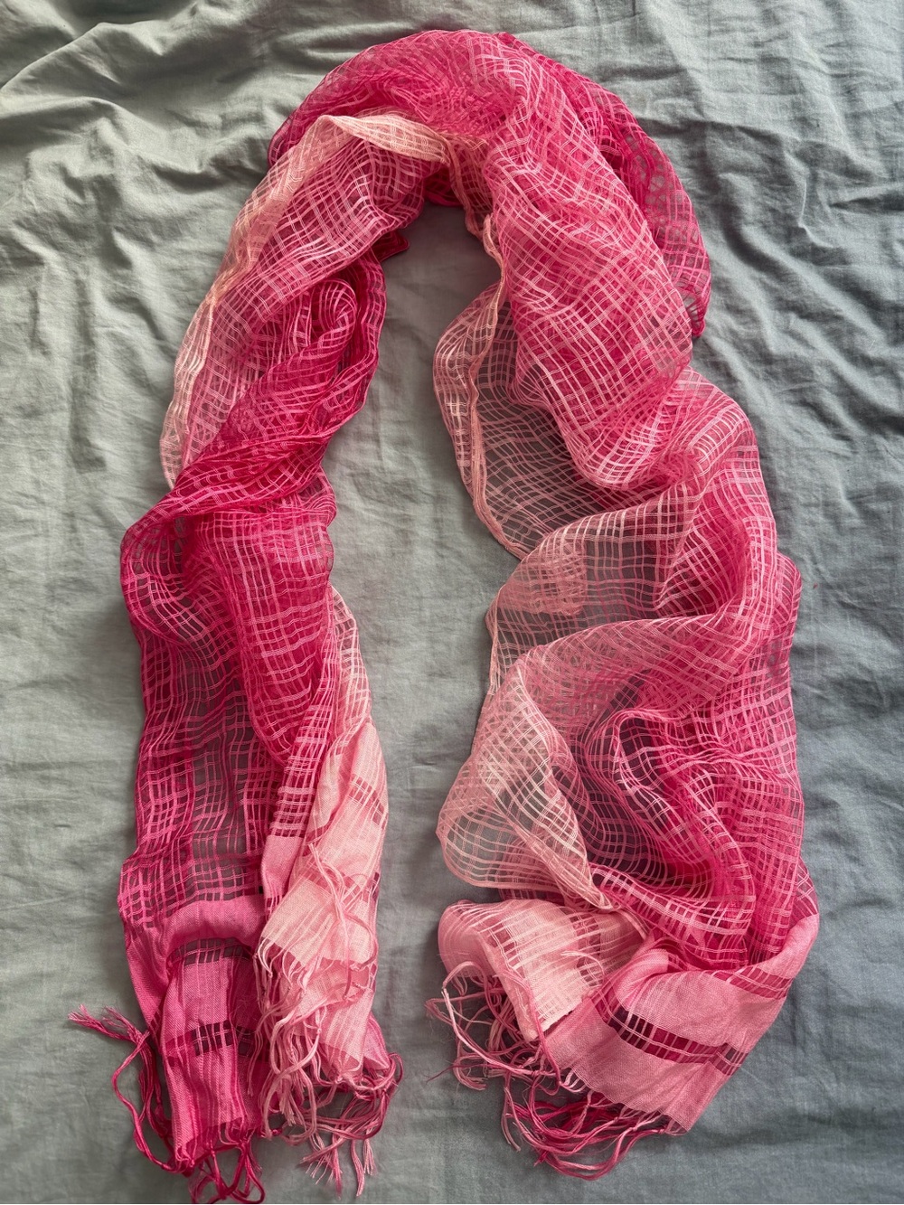 Silk Cotton Blend Plaid Scarf Pink Gradient 24" x 79" Sheer Wrap Fringe